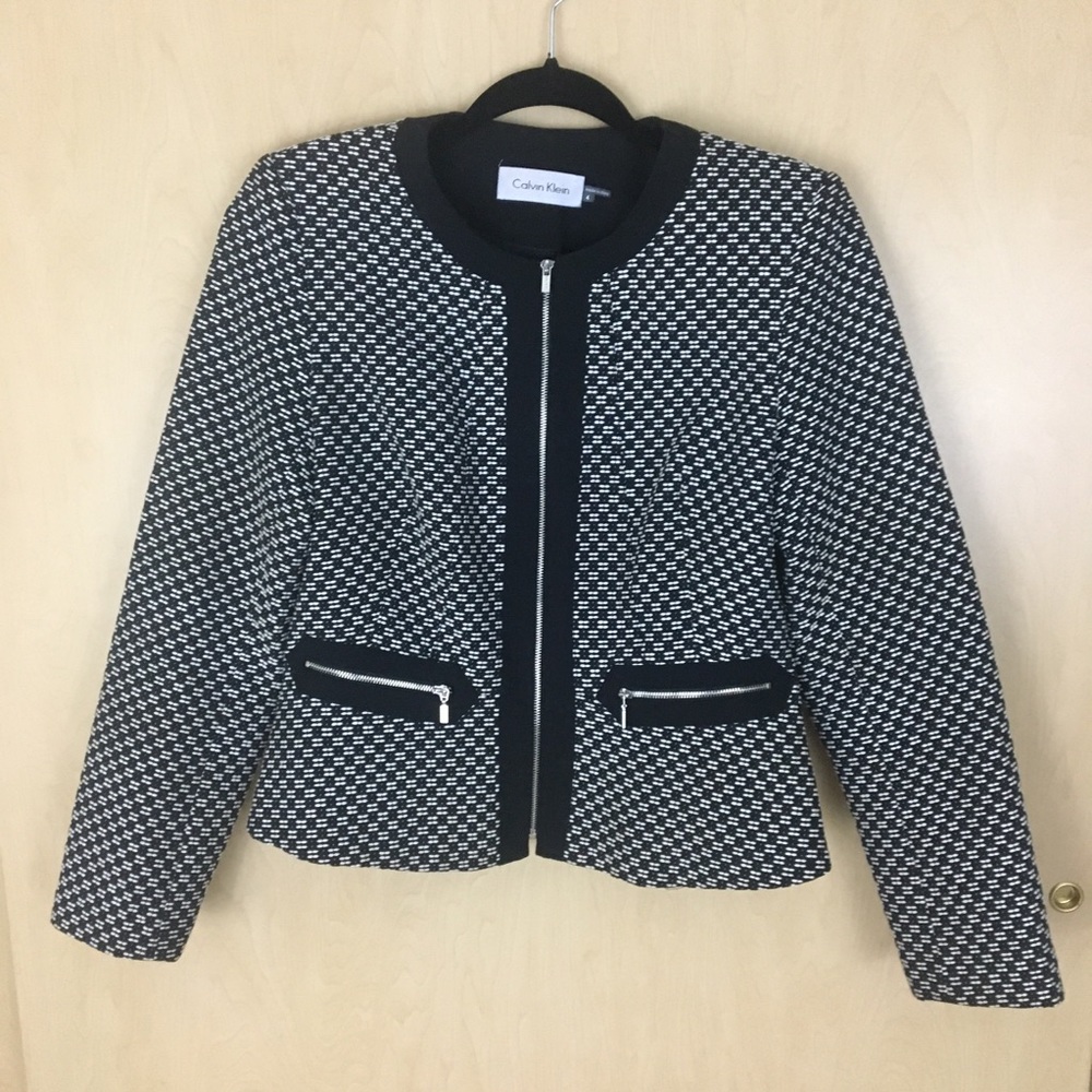 Calvin Klein Tweed Zip Front Peplum Blazer SZ 4